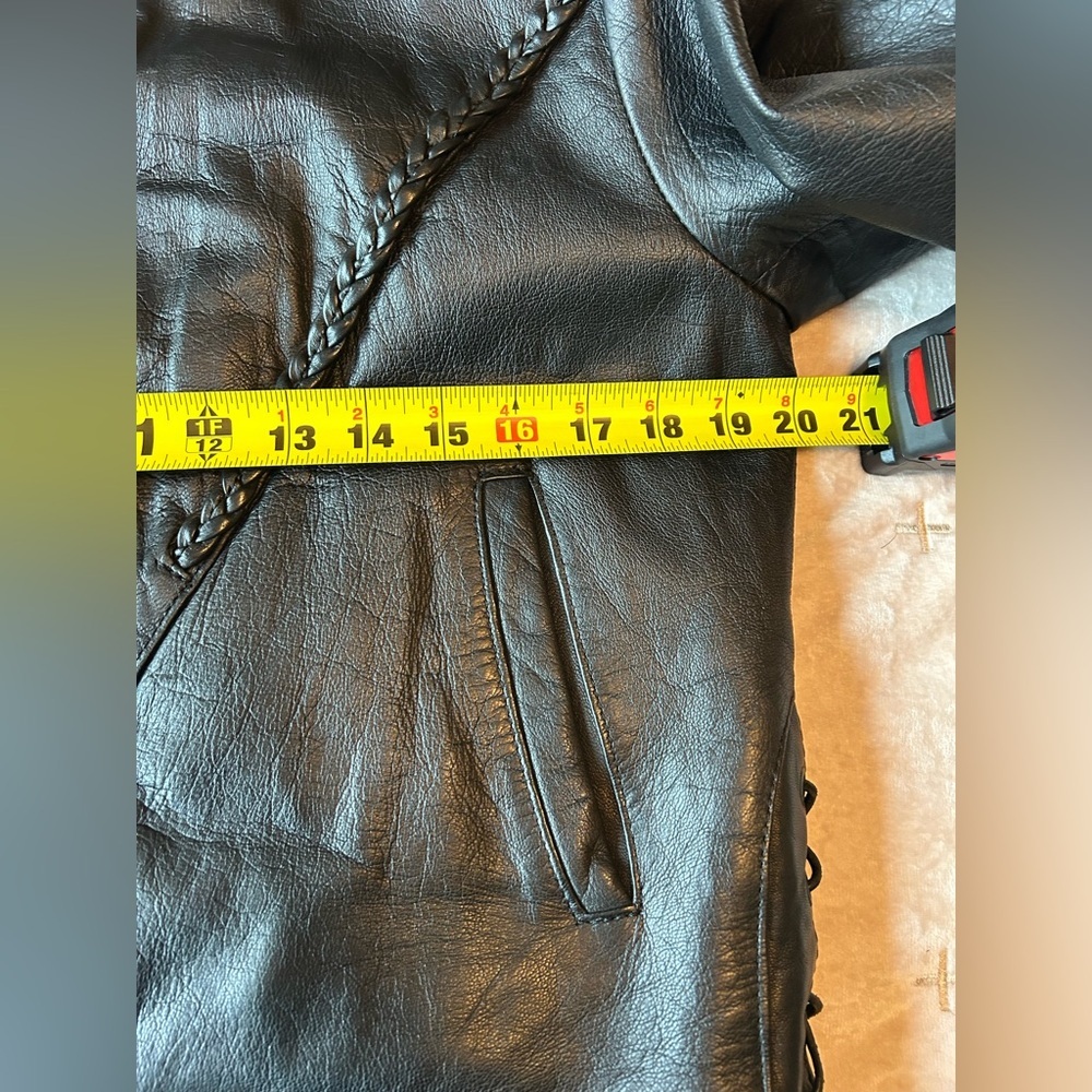 Black Women's Leather Jacket with Braided Detail - Picture 8 of 13